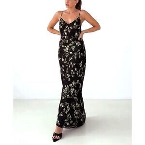 Rumored Black Leaf Print Strappy Cami Maxi Dress Small‎ Floral Low Tide Envy